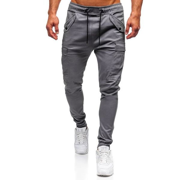 

feitong pantalon homme men's casual sport pants slim fit solid trousers running joggers sweatpants, Black