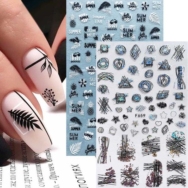 4 pcs Verão Nail Art Stickers Holographics laser deixa geométrica 3d adesivo slider Decoração de prego de ouro preto folha branca conjunto