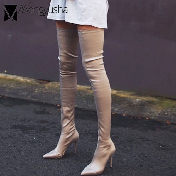 

big size 40 thigh boots women girls slim leg elastic sock booties woman pointed toe thin heels stovepipe long botas mujer, Black