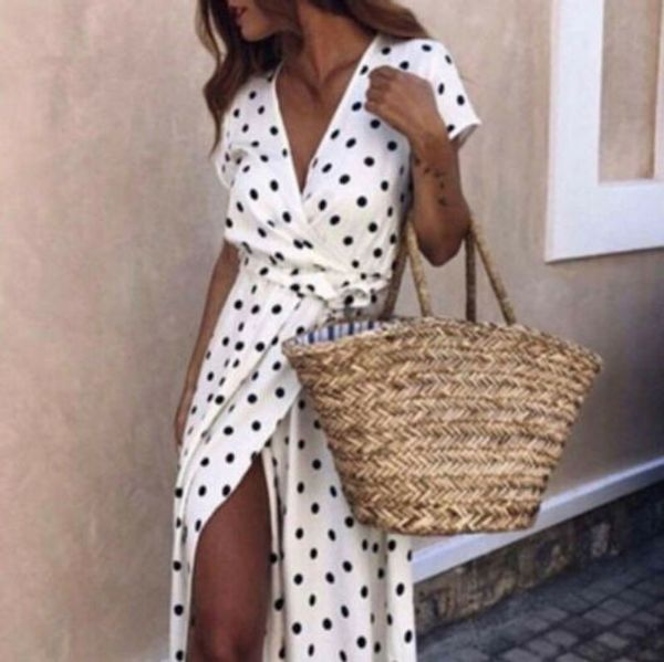 

new women wave point maxi v-neck long maxi dress summer beach slit spilt sundress boho casual holiday soft 1pcs dresses, Black;gray