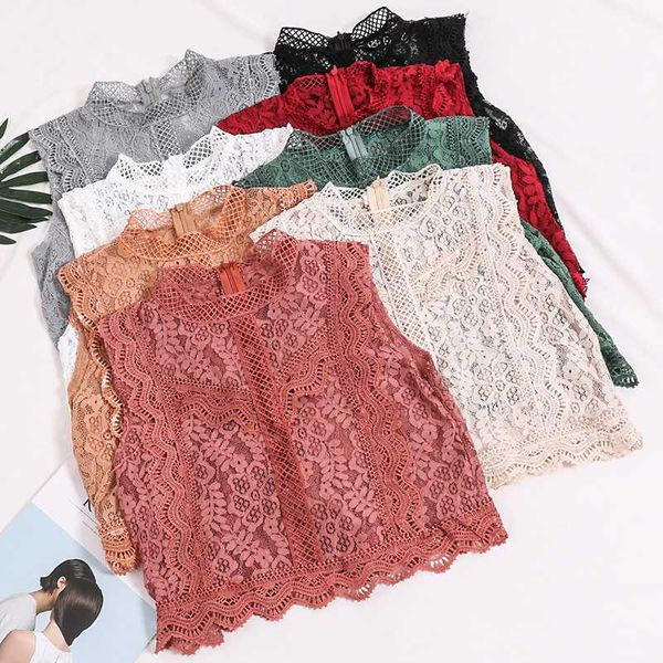 

summer women fashion crochet lace tank vest ladies hollow out lacework floral straight sleeves stand collar crop top, White