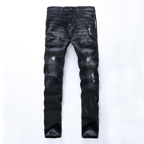 

men's casual jeans denim pants old zipper grab knee hole painted retro nostalgic conventional pants, Blue