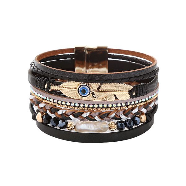 

fashion alloy evil eye leaves wide magnetic leather bracelets multilayer bracelets jewelry for women men fresh water jewelry, Golden;silver
