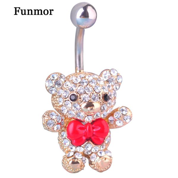 

red bow tie little bear navel belly button rings 316l surgical steel kawaii piercing for women 14g 1.6mm bar body jewelry, Slivery;golden