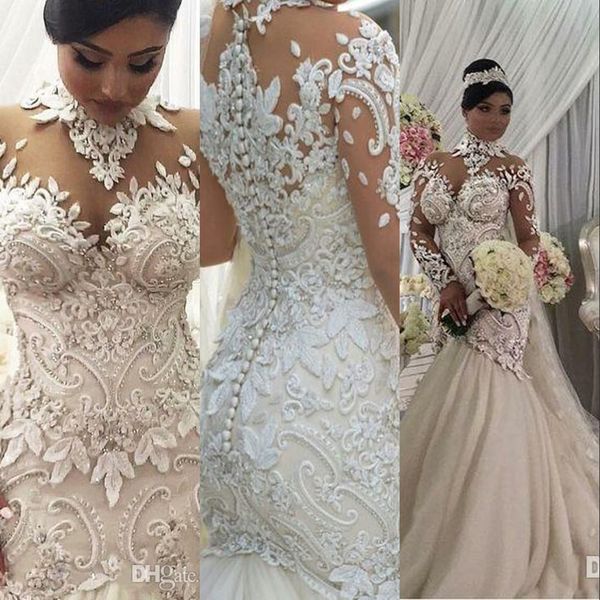 

2020 new luxury african high neck mermaid wedding dresses illusion lace 3d floral appliques beads crystal long sleeves bridal gowns, White