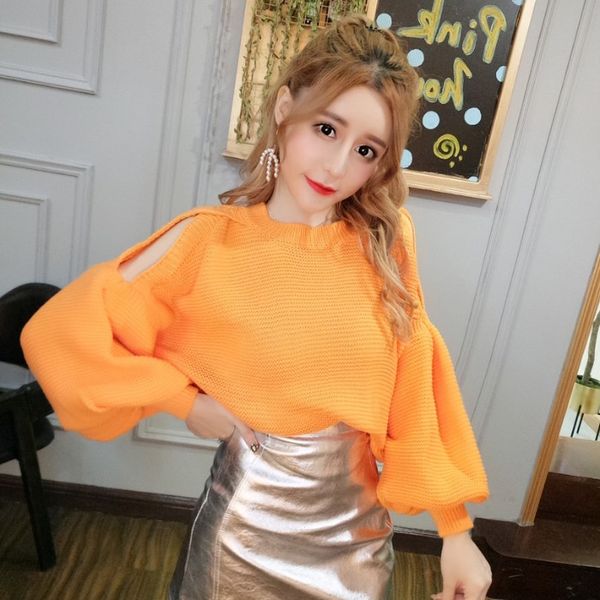 

sweet style korean women sweater loose knitted off shoulder pullovers hollow out fashion brand knitted o-neck ladies new, White;black