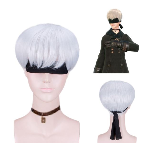 

2019 anime nier:automata 9s cosplay wig yorha no. 9 model silver wig with black eye patch cosplay halloween