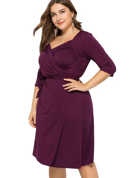

wipalo women plus size sweetheart neck wrap a line dress 3/4 length sleeves spring summer casual solid belted dress 4xl vestidos, Black;gray