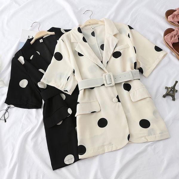 

new summer elegant polka dot blazers women slim office lady sashes blazer vintage all-match half sleeve loose coats female mw677, White;black