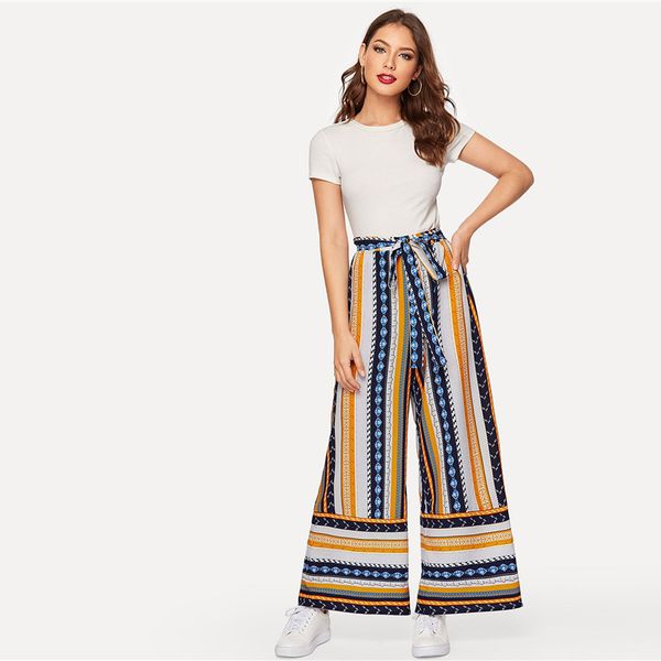 

women wide leg pants 2019 mid waist bohemian printed beach pants casual loose full long pantalon femme woman clothes, Black;white