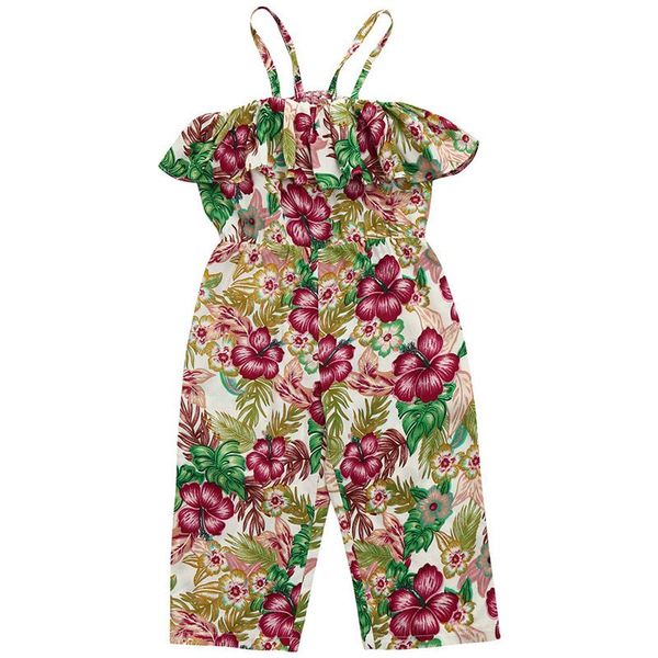 

girls print flower sling jumpsuit trousers girls wear a word shoulder print suspenders, Blue