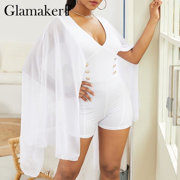 

glamaker cloak v-neck bodycon playsuit women summer chiffon bat sleeve button short jumpsuit female paryt playsuit overalls, Black;white