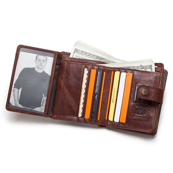 

genuine leather rfid vintage wallet men with coin pocket short wallets small zipper walet with card holders man purse, Red;black