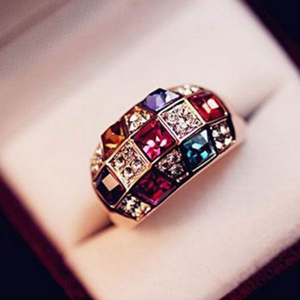 

1 pcs colorful zircon rings women unique party wedding gift ring for lady fashion jewelry, Golden;silver
