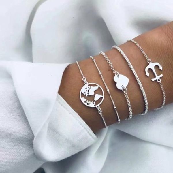 

5 pcs/set boho weaving heart map bead pendant bracelet set for women fashion anchor hollow chain bracelet lover gift, Golden;silver