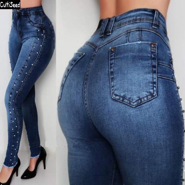 

cultiseed women denim jeans pant trousers female new fashion high waist drill beads jeans ladies push up slim hip pencil pants, Blue