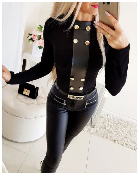 

felyn 2020 new arrival spring black t shirt button side design o-neck long sleeve night club t-shirt bb19290, White