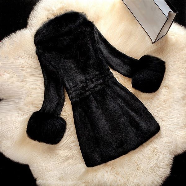

fashion-new arrival winter turn-down collar long outwear women faux fur thick solid overcoat elegant long sleeve warm coat, Black