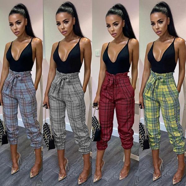 

new 2019 spring and summer pockets harlan plaid cropped trousers elastic waist ladies fashion casual pants, Black;white