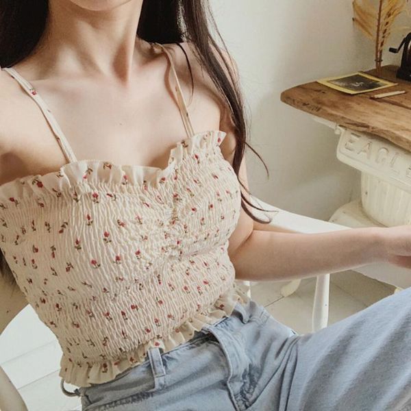 

2020 summer floral printed crop pleated camisole women ruffled slim korean vest woman backless sweet suspenders women's, White