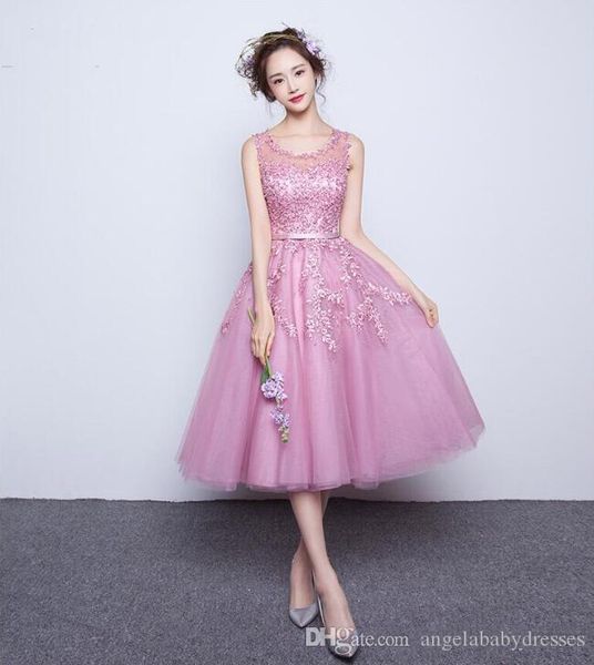 

2019 sweet 16 homecoming dresses sheer crew neck lace appliques beaded a-line see through tea length cocktail dresses c003, Blue;pink
