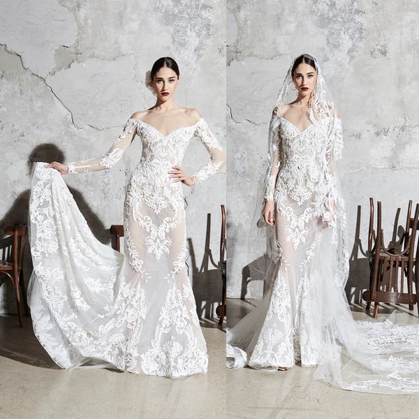 

elegant zuhair murad mermaid wedding dresses off shoulder long sleeveless lace applique wedding gown sweep train robe de mariÃ©e, White