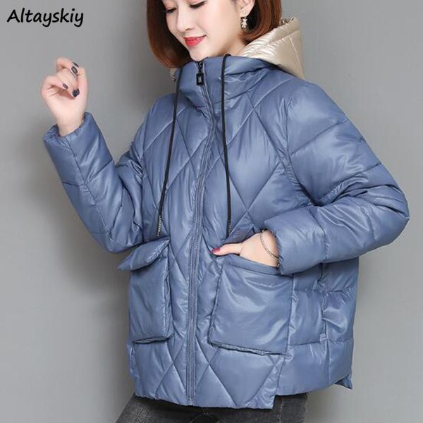 

short parkas women patchwork hooded simple solid pockets simple womens casual korean style females daily all-match winter chic, Black