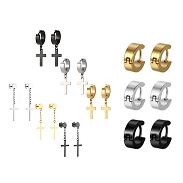 

9 pair/set fashion men women stainless steel cross hoop dangle drop earrings ear buckle punk jewelry, Silver