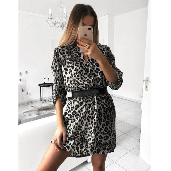 

trend europe and the united states autumn leopard snake striped seven-point sleeve v-neck print loose casual dress, Black;gray