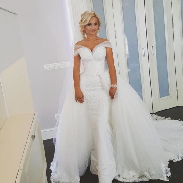 

2020 new romantic style 2 pieces removable train wedding dresses off shoulder lace tulle sweep train luxury bridal gowns custom made, White