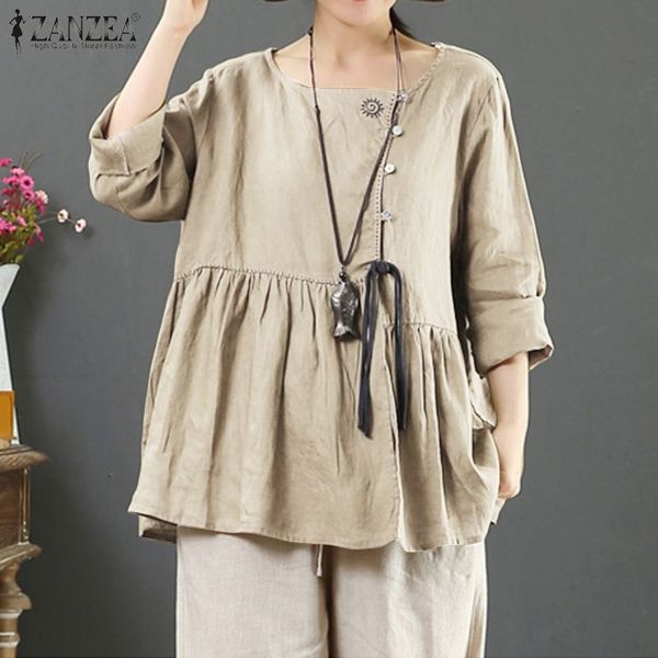 

women vintage cotton linen shirt zanzea spring casual o neck long sleeve blouse solid buttons down chemise tunic blusas, White