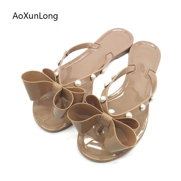 

aoxunlong new arrival summer flip flops women fashion sandals woman beach slippers bow pearl rivet flip flops bathroom slippers, Black