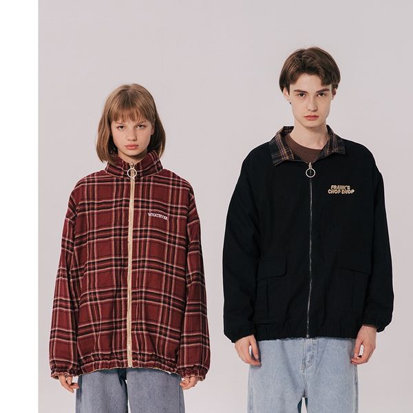 

new tied men jackets plaid both sides wear casual loose cargo coats mens hip hop streetwear bomber jackets