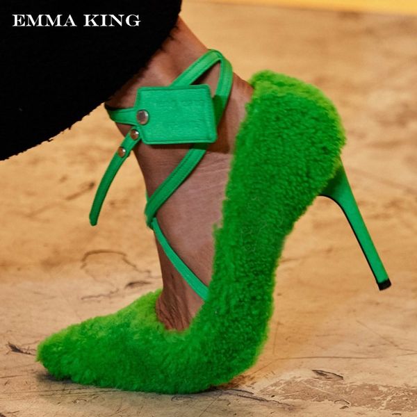 

suede leather stiletto heels pumps 10cm slip-on pointed toe green blue lace up high heels women dress shoes 43 big size, Black