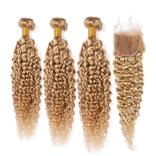 

pure 27 honey blonde indian human hair weaves with closure 3 bundles kinky curly light brown virgin hair wefts with lace closure 4x4, Black