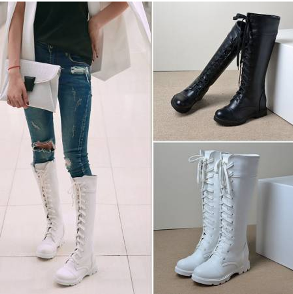

spring autumn lacing knee high boots women fashion white square heel woman leather shoes winter pu large size 43, Black