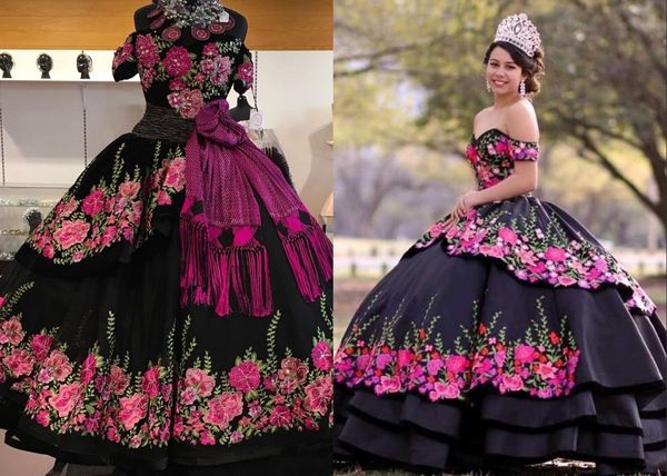 

black 3d floral flowers ball gown quinceanera prom dresses satin off shoulders cap sleeves sweet 15 masquerade evening gown, Blue;red