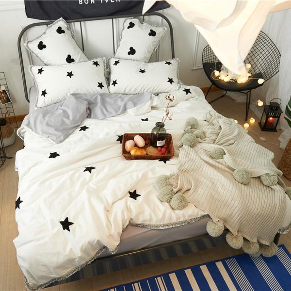 

jpcs washed cotton star embroidery bedding set yarn dyed tassels duvet cover set bed sheet pillowcases  king size bed linen