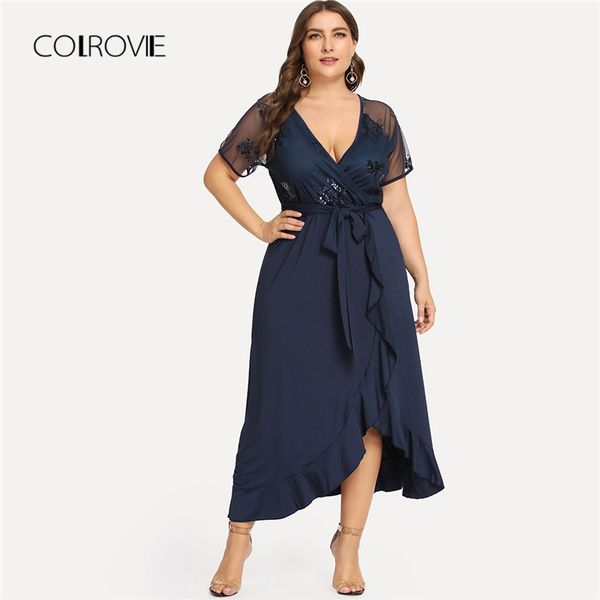 

colrovie plus size navy deep v neck ruffle sequin mesh wrap dress women autumn black belted party elegant maxi dresses, Black;pink