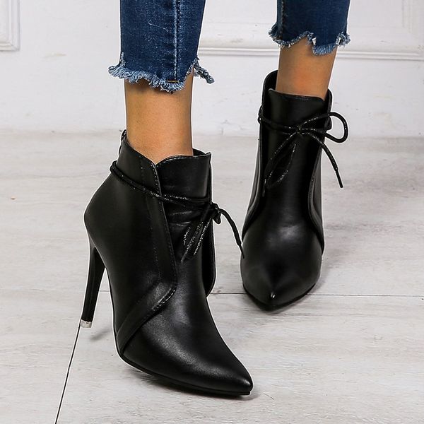 

women ankle boots 2020 black winter fashion high heel boots for ladies pointed toe plus size women shoes botas mujer cross tied
