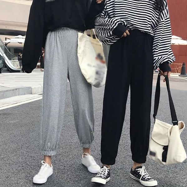 

women's pants & capris large size female solid color beam feet lantern nine points sports casual women summer, Black;white