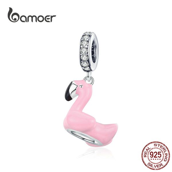 

bamoer enamel pink summer flamingo charm fit original 925 silver bracelet swimming pool pendant for women necklace scc1240, Bronze;silver