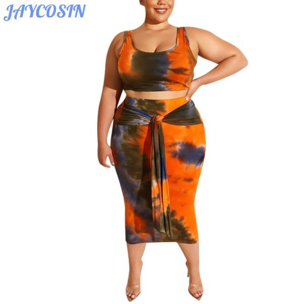 

jaycosin women clothes plus size sets two piece set sleeveless print tank crop and skirts summer suit, White