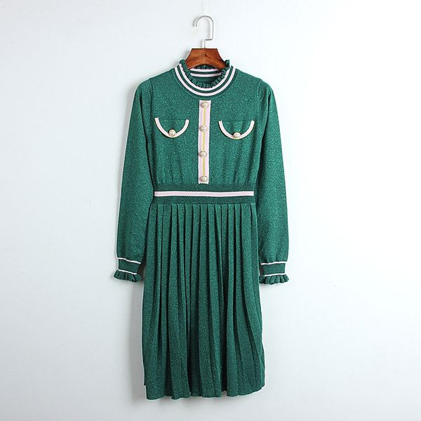 

2020 spring autumn women knit dress lotus collar green pleated dress waist-thin double pocket nail buckle knit a-line street style dresses, Black;pink