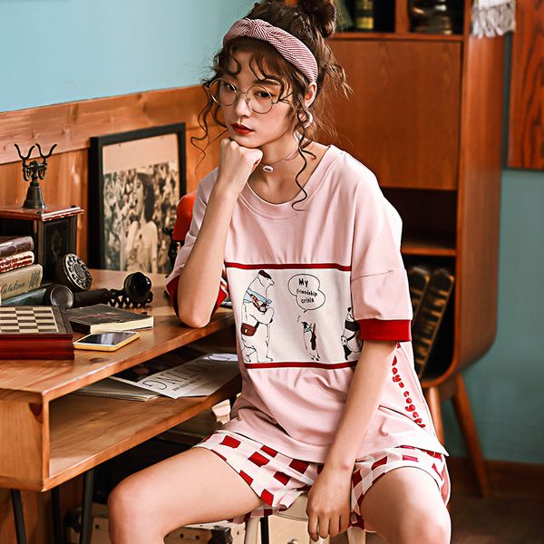 

summer short sleeved knitted cotton young women's pajama set cute girls cartoon nightgowns pants pajama sets sleepwear pyjamas, Blue;gray