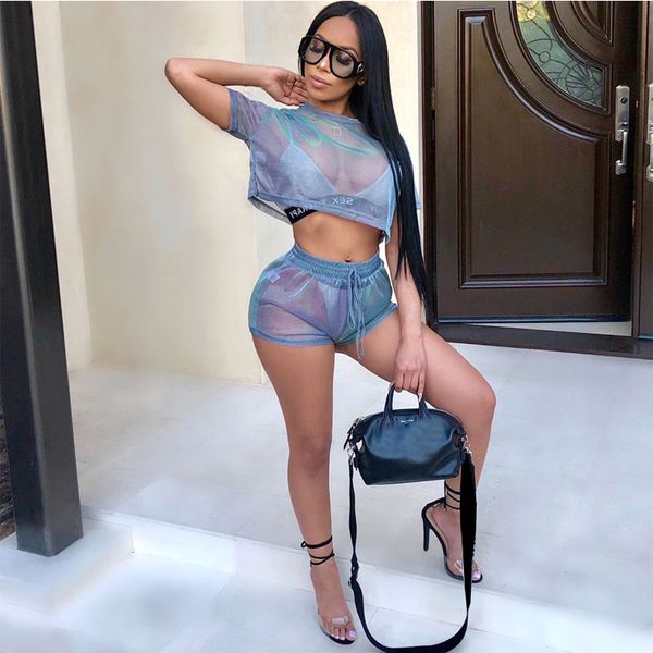 

redcore summer 2019 sexy mesh two pieces set женская футболка с коротким рукавом и короткие брюки плюс размер повседневный женский комплект, White