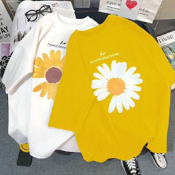 

100% cotton 2020 morning t- daisy printed short-sleeved t- women's shirt loose short-sleeved shirt, White