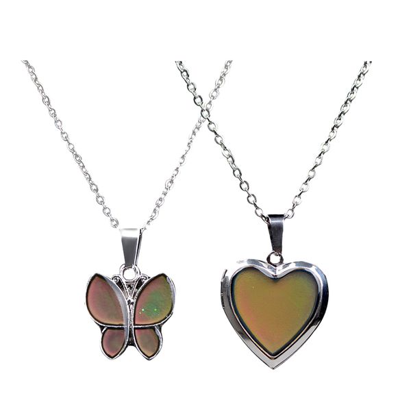 

2pcs heart mood butterfly gem change color emotion feeling pendant necklace, Silver
