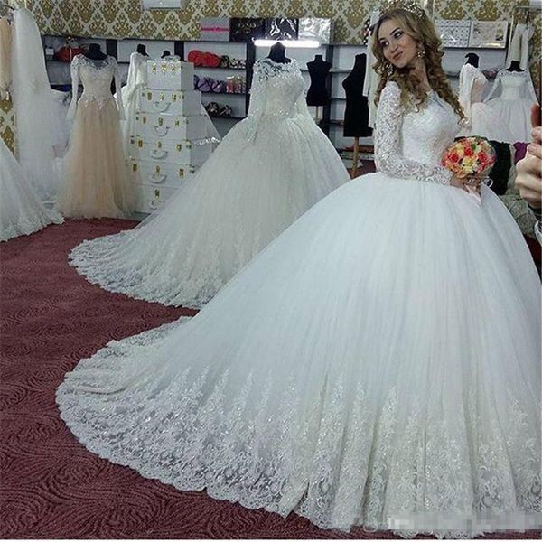 

vintage long sleeves wedding dresses with lace appliques beaded sequins long ball gown bridal dresses vestidos de novia, White
