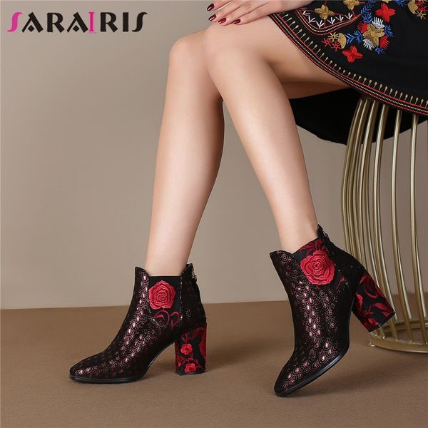 

sarairis brand big size 34-43 luxury kid suede ladies high heels embroider shoes woman casual party autumn winter ankle boots, Black
